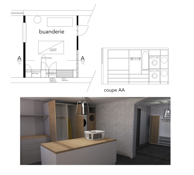 plans 3D projet maison detail de la buanderie