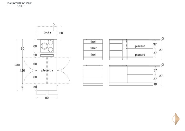 plans coupes cuisine ilot central